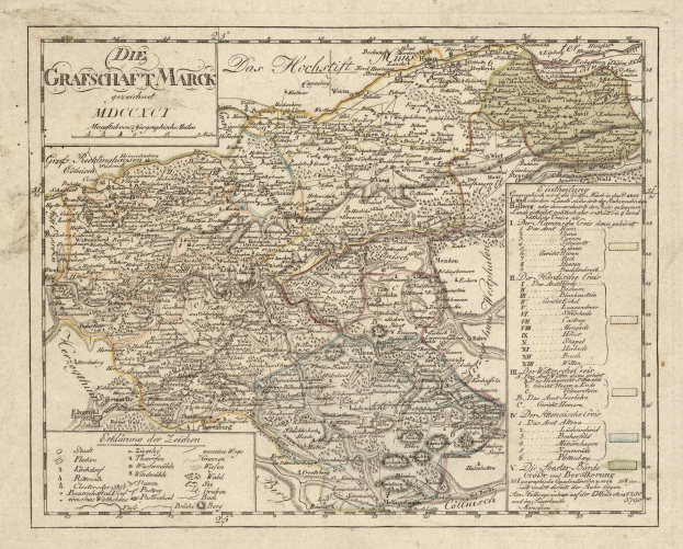 Ein detaillierter, alter Stadtplan von München, Deutschland, mit Straßen, Parks und Sehenswürdigkeiten, verziert mit einem dekorativen Rahmen und in Blau-, Grün- und Gelbtönen gehalten.