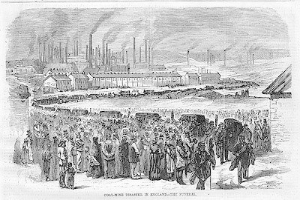 Schwarze und weiße Zeichnung von Menschen vor einer Fabrik mit Häusern und Rauch aus Schornsteinen, mit Text unten lesend "Kohlebergbauunfall in England das Ende."