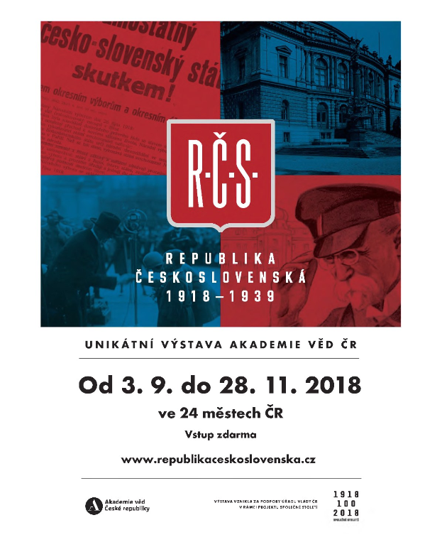 Plakat für die Tschechoslowakische Republik (Tschechische Republik) mit zwei Personen - einem Mann mit Hut und einer Frau in einem Kleid, die vor einem Gebäude stehen, sowie begleitendem Text.