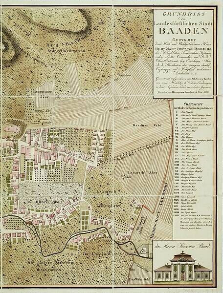 Detailiertes altes Stadtplan von Baden-Württemberg, Deutschland, mit Straßen, Gebäuden und Sehenswürdigkeiten, das ein Gebäude in der rechten unteren Ecke zeigt.