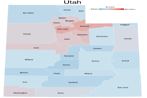 Eine Karte von Utah mit der Aufschrift "Utah Budget Map", auf der der Staat in verschiedenen Blautönen, Grüntönen und Gelbtönen hervorgehoben ist und eine fette, zentrierte Schrift oben auf der Karte steht.