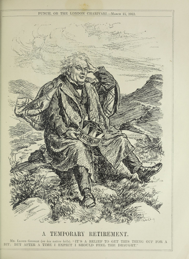 Ein altes Buch mit einer Zeichnung eines ernsthaften Mannes in einem langen Mantel und Hut, der darauf sitzt, mit dem Text "Eine vorläufige Rente" auf dem Cover.