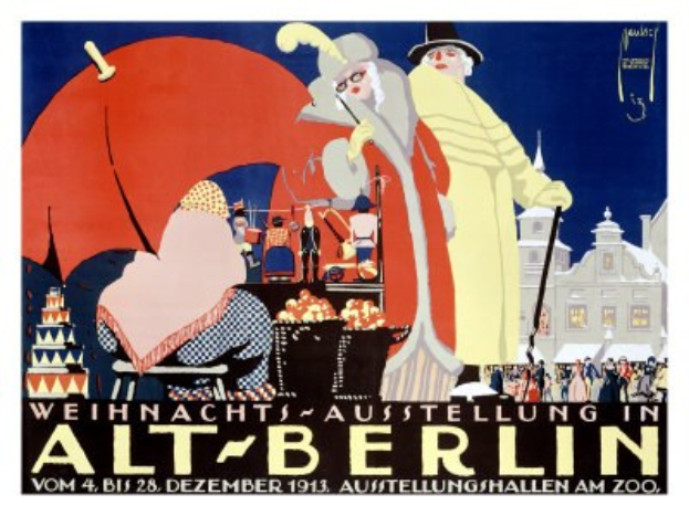 Plakat, das eine Weihnachtsausstellung in Alt-Berlin ankündigt, mit bunten Illustrationen von Menschen, Gebäuden und Gegenständen und dem Text "Weihnachtsausstellung in Alt-Berlin" oben drauf.