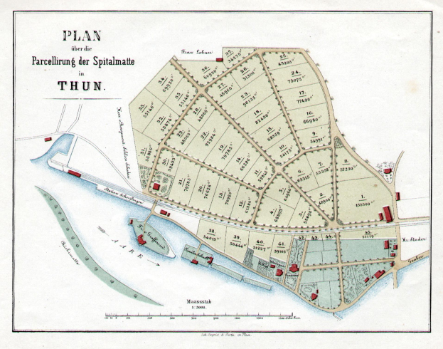 Ausführliche alte Karte von Thun, Deutschland, zeigt Straßen, Gebäude und Sehenswürdigkeiten mit Text.