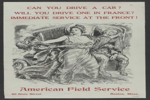 Ein Plakat mit schwarzem Hintergrund, das eine Frau und einen Mann zeigt, mit der Aufschrift "Kannst du Auto fahren? Wirst du eines in Frankreich fahren? Sofortiger Service an der Front"