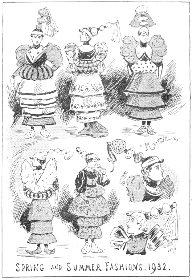 Ein Blatt mit einer Zeichnung mehrerer Frauen in modischen Kleidern aus dem Frühjahr und Sommer 1932, begleitet von beschreibendem Text.