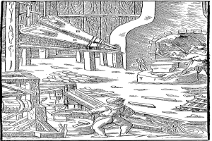 Ein Schwarzweiß-Stich von einem Mann, der in einer Fabrik arbeitet, mit zwei Menschen in der Nähe, die Gegenstände halten, und einem Text unten, der "Die Schmiede" lautet.