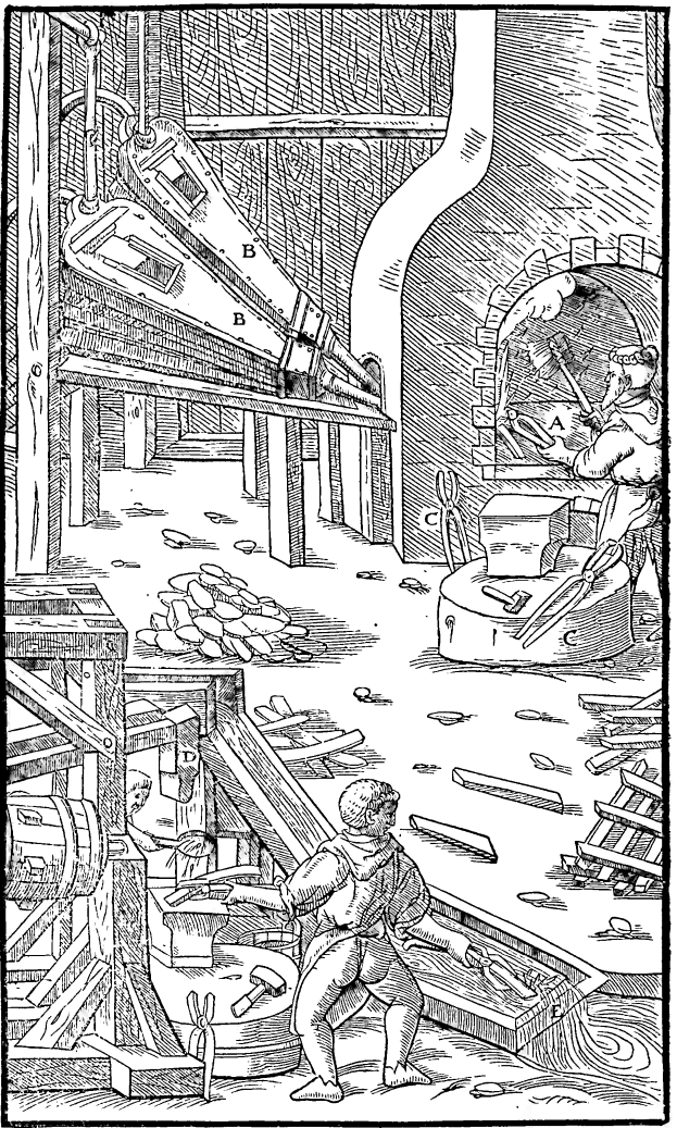 Ein Schwarzweiß-Stich von einem Mann, der in einer Fabrik arbeitet, mit zwei Menschen in der Nähe, die Gegenstände halten, und einem Text unten, der "Die Schmiede" lautet.