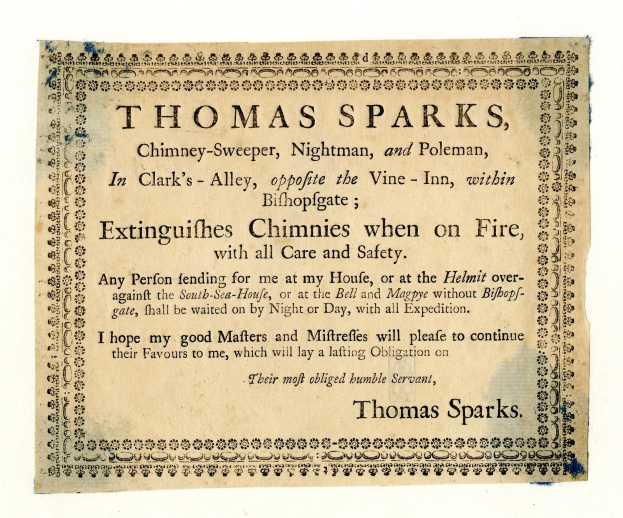 Papier mit gedrucktem Text, der die Schornsteinfegerdienste von Thomas Sparks bewirbt, einschließlich seines Titels und seines Standorts in Clark's Alley in der Nähe von Bishopsgate.