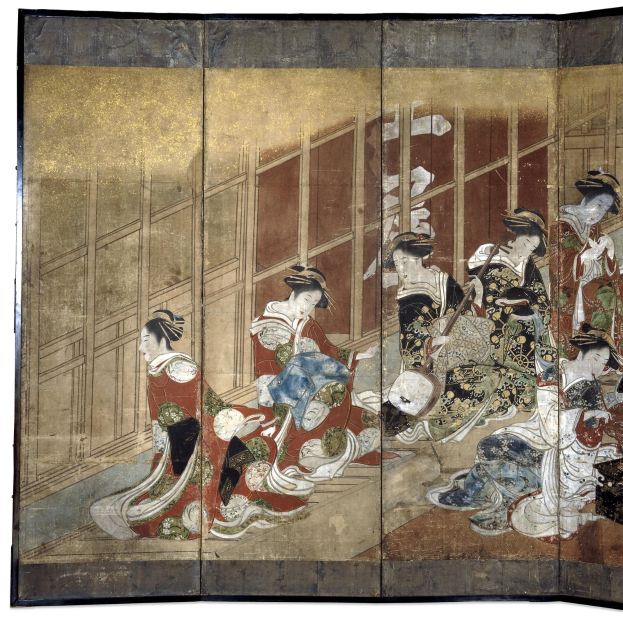 Ein japanisches Vier-Paneel-Bild aus der Meiji-Zeit, das eine Gruppe von Frauen in Kimonos zeigt, die in einem Kreis stehen, wobei eine Frau in der Mitte die Arme ausstreckt.