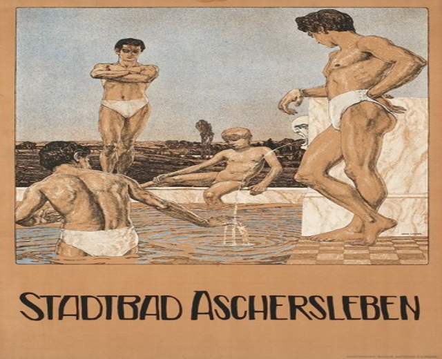 Plakat für ein Schwimmbad in Aschersleben, Deutschland, das Menschen im Wasser und Text über Annehmlichkeiten zeigt.