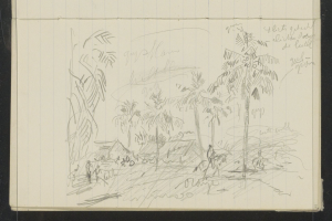 Ein offenes Skizzenbuch, das eine Zeichnung einer Gruppe von Menschen zeigt, die in einem üppigen, grünen Dschungel mit hohen Bäumen stehen, unter einem tiefblauen Himmel mit vereinzelten weißen Wolken und hellerer Sonne.