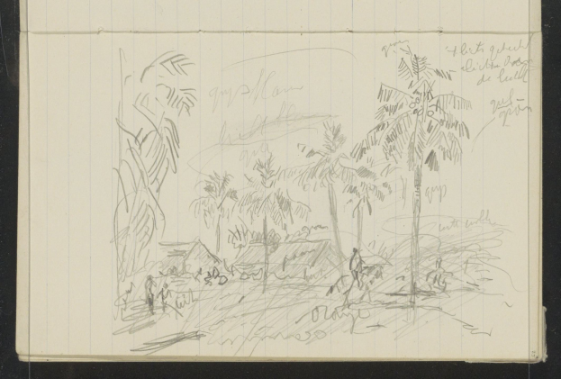 Ein offenes Skizzenbuch, das eine Zeichnung einer Gruppe von Menschen zeigt, die in einem üppigen, grünen Dschungel mit hohen Bäumen stehen, unter einem tiefblauen Himmel mit vereinzelten weißen Wolken und hellerer Sonne.