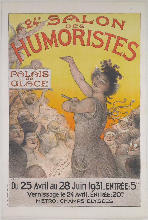 Plakat für den Salon des Humoristes in Paris mit einem Frauengesicht, umgeben von einer Menge, mit Ereignistext.
