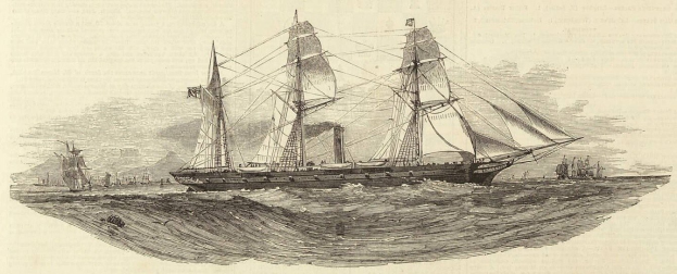 Gravur eines Segelschiffs mit geblähten Segeln, das auf dem Meer segelt, andere Schiffe im Hintergrund und detaillierter Rumpf, der in der Sonne glänzt, mit Text unten.