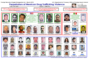Ein Plakat mit einem hellblauen Hintergrund, das Bilder verschiedener Personen zeigt, die des mexikanischen Drogenhandels beschuldigt werden, alle schauen direkt auf den Betrachter mit ernsten Gesichtern, mit fetter schwarzer Schrift in der Mitte, die "Verbrecher des mexikanischen Drogenhandels" liest.