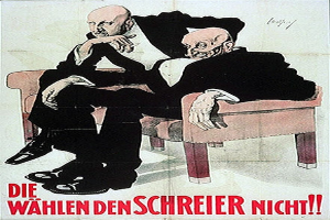 Ein deutsches Propagandaplakat für die Nazi-Partei, das zwei Männer auf einem Sofa zeigt, mit Text, der Informationen über die Partei enthält.