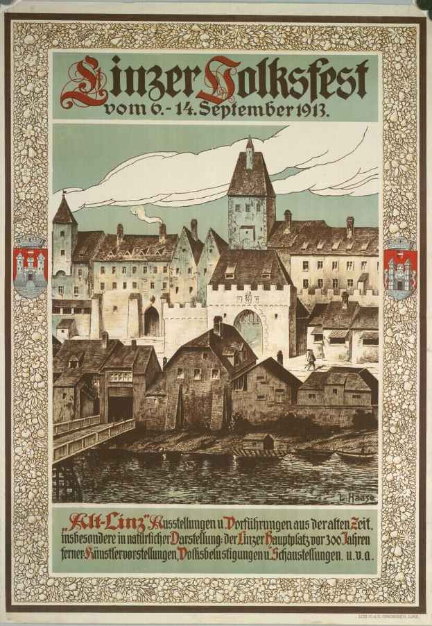 Altes Plakat, das ein Festival in Deutschland ankündigt, mit einer Illustration eines Schlosses umgeben von Häusern und Text mit Festivaldetails.