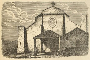 Eine Gravur der Kirche des Heiligen Grabes mit einer Uhr an der Vorderseite, umgeben von Menschen und einem wolkenverhangenen Himmel, mit dem Namen der Kirche unten.