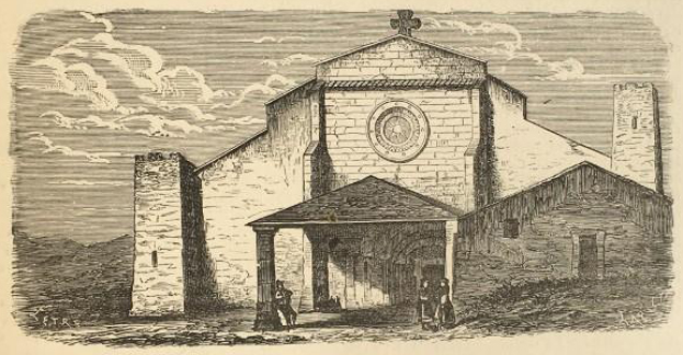 Eine Gravur der Kirche des Heiligen Grabes mit einer Uhr an der Vorderseite, umgeben von Menschen und einem wolkenverhangenen Himmel, mit dem Namen der Kirche unten.