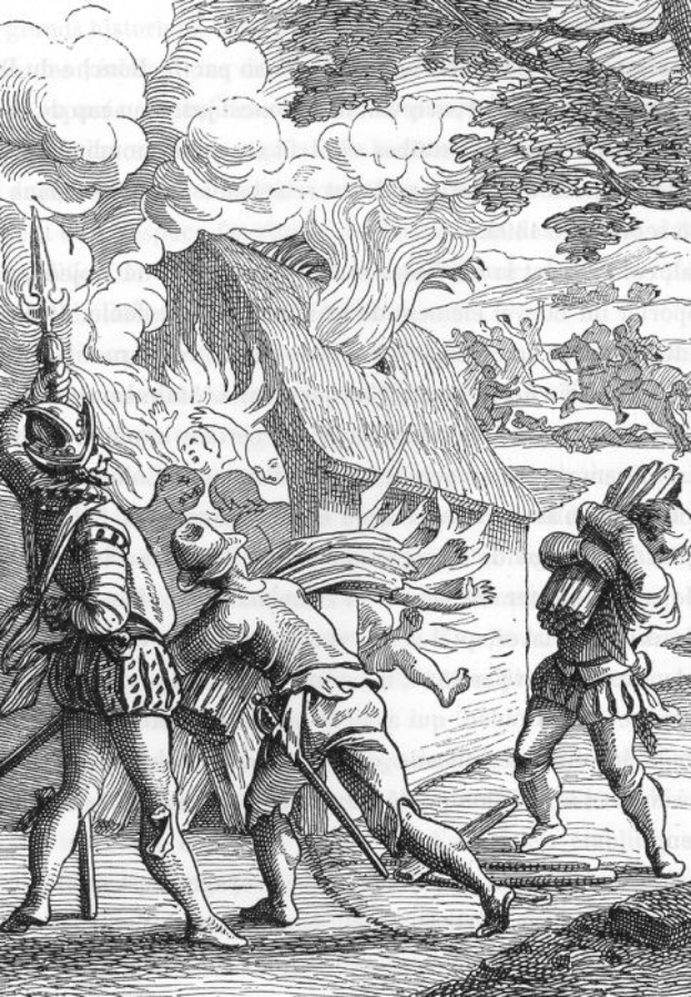 Schwarze und weiße Gravur von 16. Jahrhundert-Männern in mittelalterlicher Kleidung, einer hält ein Schwert, mit einem brennenden Haus und Rauch im Hintergrund.