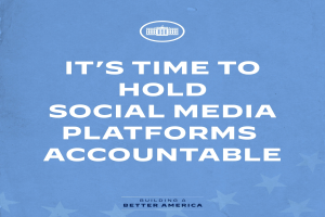 Plakat mit fetter schwarzer Schrift auf weißem Hintergrund, das "Es ist Zeit, Social-Media-Plattformen zur Rechenschaft zu ziehen" lautet, eingerahmt von einem schmalen schwarzen Rand.