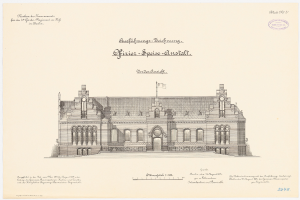 Schwarze und weiße Zeichnung des Reichstagsgebäudes, des Hauptsaals des Deutschen Parlaments in Berlin, mit einer Flagge auf seinem Dach und begleitendem Text.