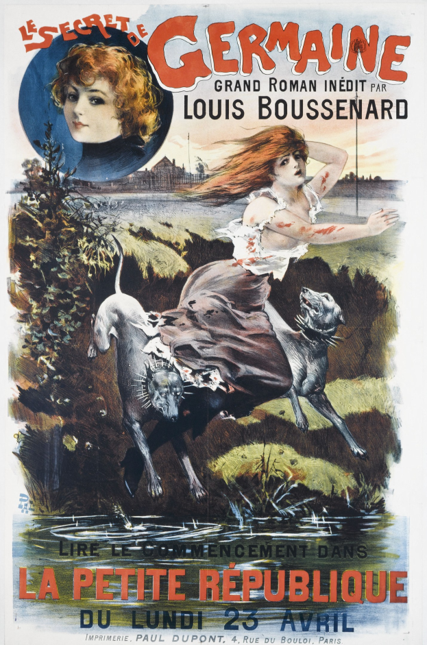 Französischer Filmplakat für "Das Geheimnis Deutschlands" mit einem Frauengesicht umgeben von Tieren, Pflanzen und Wasser mit Text.