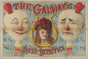 Ein Plakat für die Galway Music Excentrics mit einer Frau in der Mitte und zwei Clowns an den Seiten, beschreibender Text auf dem Plakat.