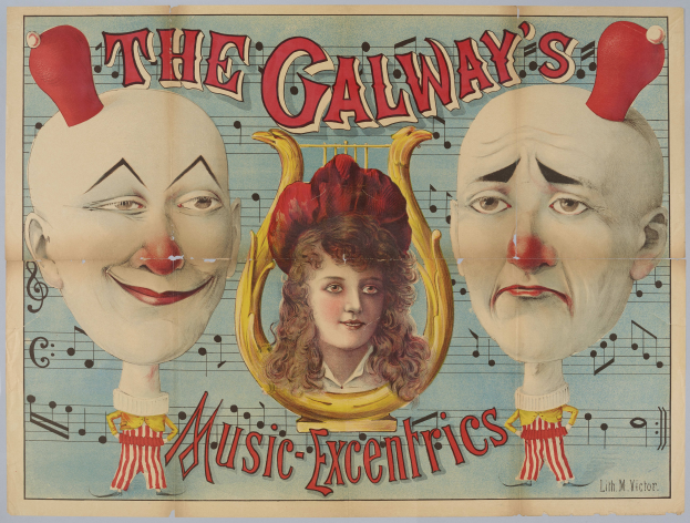 Ein Plakat für die Galway Music Excentrics mit einer Frau in der Mitte und zwei Clowns an den Seiten, beschreibender Text auf dem Plakat.
