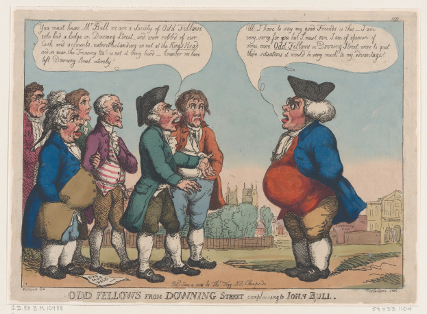 Cartoon illustration of people standing outside a building with trees and sky, captioned "odd fellows from downing street complaining to John Bull" at the bottom.