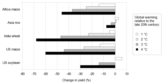 Ein Balkendiagramm, das die globale Erwärmung im Vergleich zum späten 20. Jahrhundert zeigt, mit verschiedenen Balkenhöhen, die verschiedene Klimaveränderungen darstellen, und begleitendem Text, der weitere Dateninformationen bereitstellt.