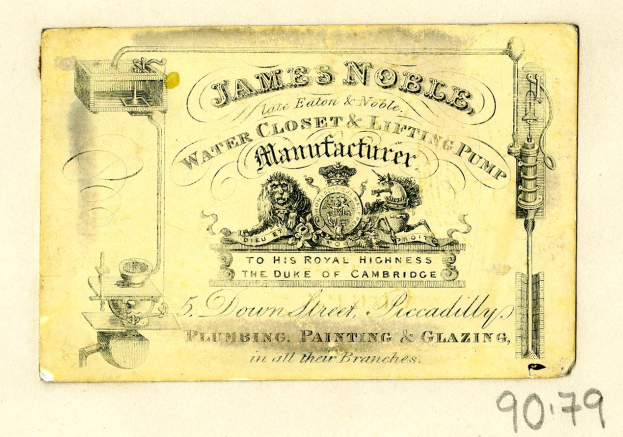 Alte Visitenkarte für James Noble Water Closet & Lifting Pump Manufacturer mit Produktbeschreibungstext.