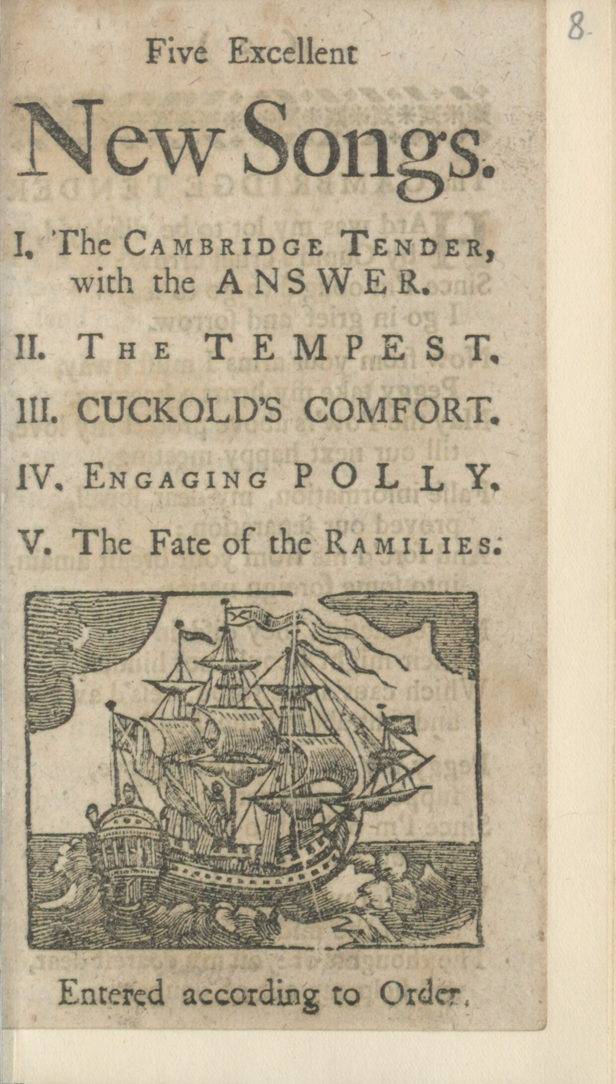 Altes Buchcover mit einer Schiffillustration und dem Titel "Fünf ausgezeichnete neue Lieder" vor einem blauen Himmel mit Wolken.