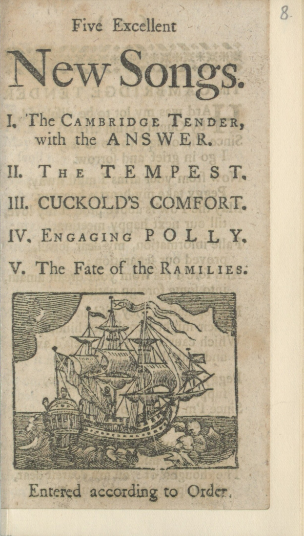 Altes Buchcover mit einer Schiffillustration und dem Titel "Fünf ausgezeichnete neue Lieder" vor einem blauen Himmel mit Wolken.