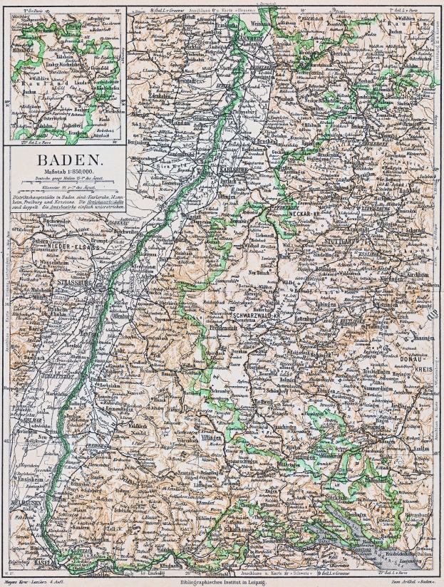 Ausführliche alte Karte von Baden-Württemberg, Deutschland, mit Text oben und unten, die Straßen, Städte und geografische Merkmale zeigt.