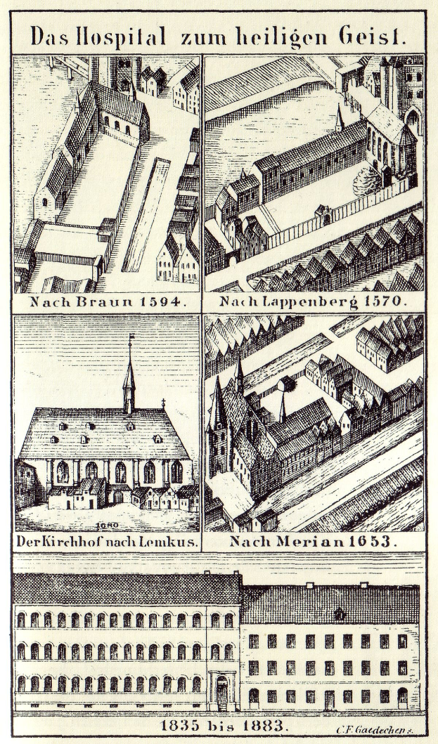 Eine detaillierte Poster-Illustration eines deutschen Krankenhauskomplexes mit beschrifteten Gebäuden, Fenstern, Türen und Balkonen, begleitet von Text, der dessen Größe, Lage und Merkmale beschreibt.
