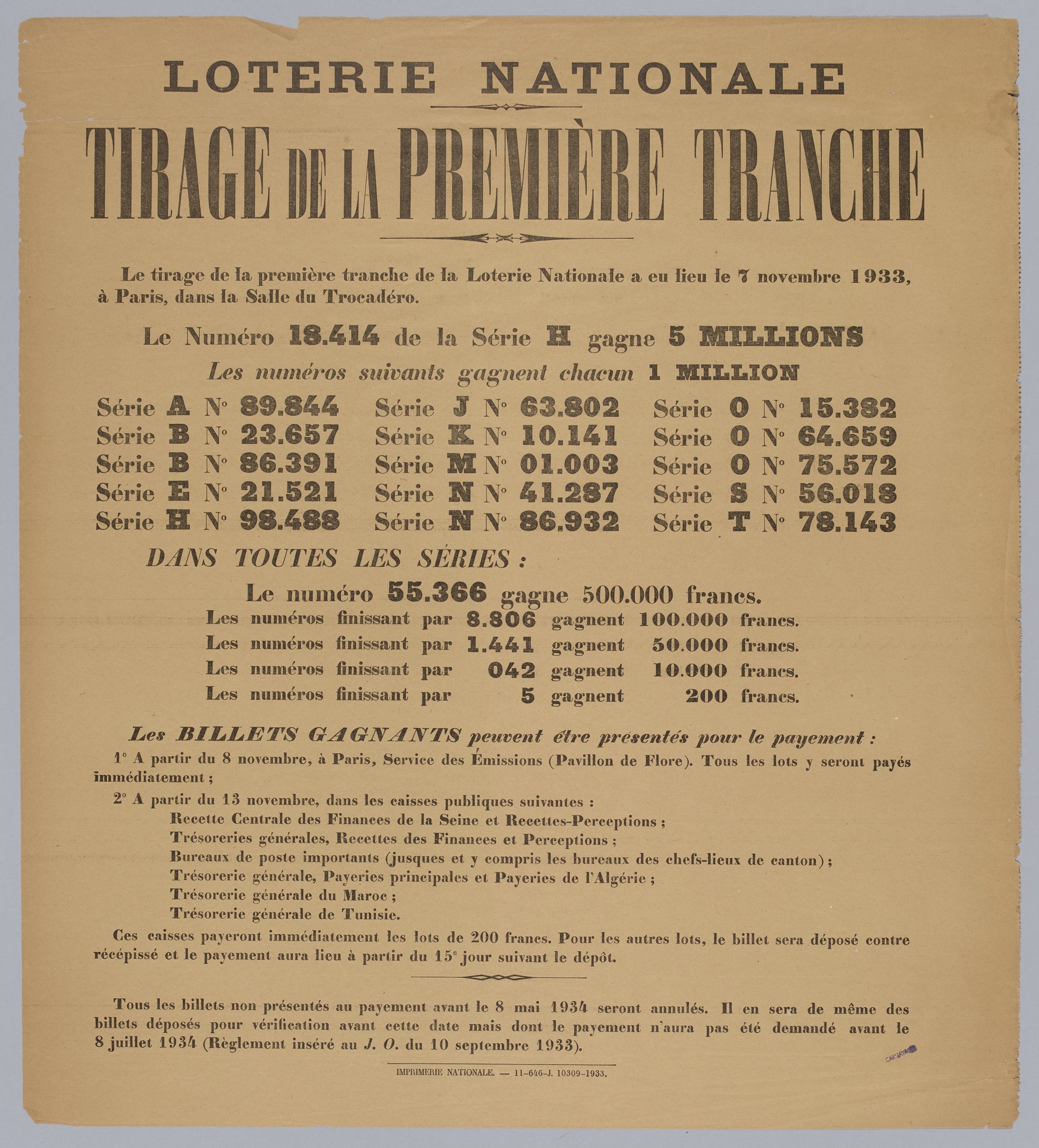 Lotterielos mit dem Text "Loterie Nationale Tirage de la Première Tranche" darauf gedruckt.
