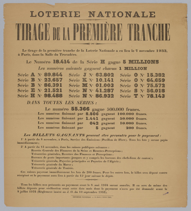 Lotterielos mit dem Text "Loterie Nationale Tirage de la Première Tranche" darauf gedruckt.