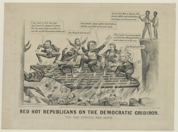 Ein Blatt Papier mit einer Zeichnung von roten Figuren, die als "Republikaner" auf einem Raster markiert sind "Demokraten", die Figuren scheinen verzweifelt mit wütenden Gesichtern und erhobenen Armen, mit fetter schwarzer Schrift, die die Situation betont.