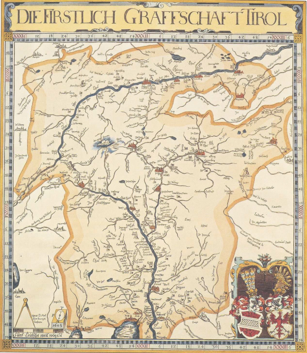 Ein detailliertes historisches Poster der ersten deutschen Grafschaft Tirol-Karte, das geografische Merkmale wie Flüsse, Berge und Städte zeigt, begleitet von erklärendem Text.