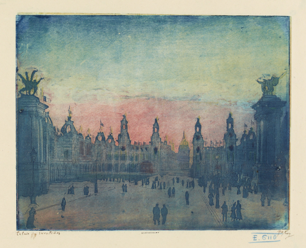 Ein Gemälde einer belebten Stadtplatz mit Fußgängern, Gebäuden und Statuen, mit Text unten.