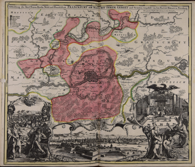 Ein altes Buch mit einer zentralen Deutschlandkarte umgeben von Illustrationen und Text, das einen klassischen und zeitlosen Eindruck vermittelt.