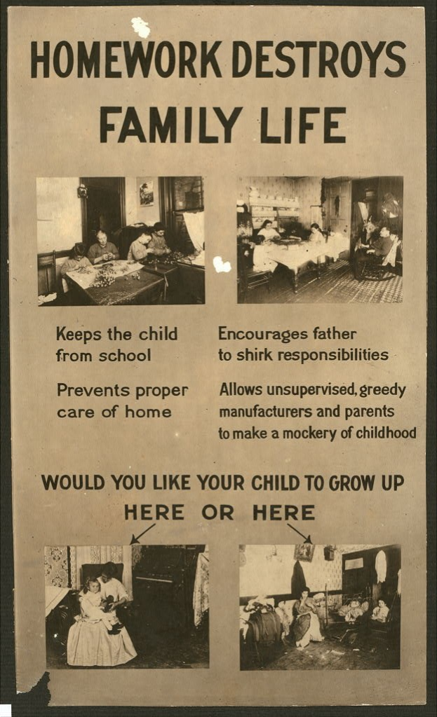 Plakat mit fettem Text "Hausaufgaben zerstören das Familienleben" und einer vielseitigen Gruppe von Menschen, die entschlossen auf den Betrachter schauen.