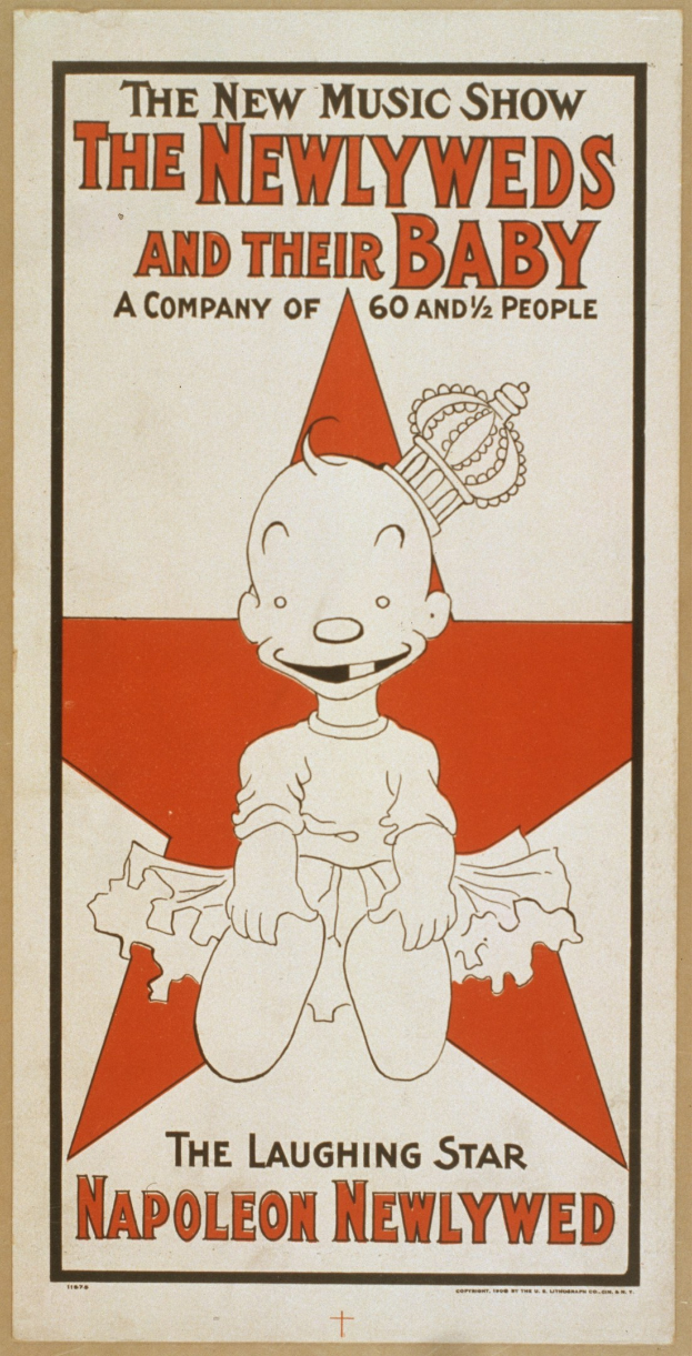 Plakat für "The New Music Show: The Newlyweds and Their Baby" mit einer Cartoon-Baby in einem weißen Strampler mit einer pinken Schleife, das gegen einen hellblauen Hintergrund mit verstreuten Sternen und fetter schwarzer Schrift lächelt.
