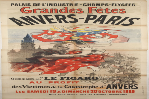 Ein Plakat, das die Grandes Fêtes Annivers-Paris ankündigt und eine Frau in einem roten Kleid mit einem menschlichen Gesicht in der Mitte zeigt, sowie Text, der Informationen zum Event enthält.