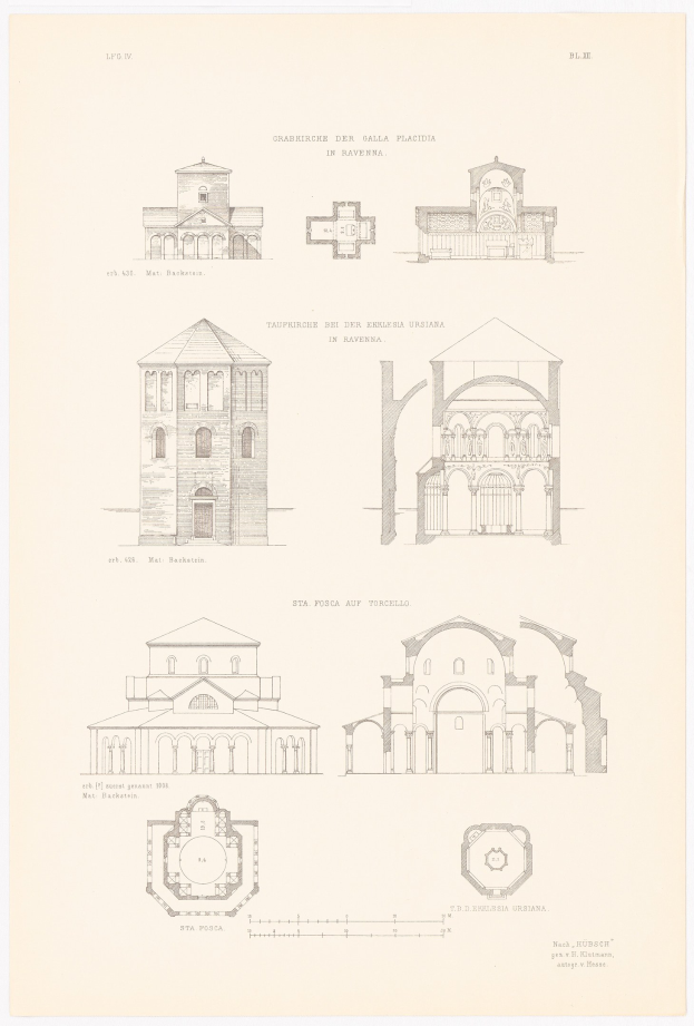 Eine Seite aus einem Buch mit detaillierten Zeichnungen verschiedener Gebäude mit einzigartiger Architektur, begleitet von erklärendem Text zur Geschichte der Stadt.