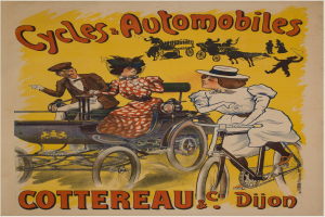 Plakat, das Fahrräder und Automobile in Cottereau und Dijon, Frankreich, bewirbt und Menschen auf Fahrrädern und eine Kutsche zeigt.