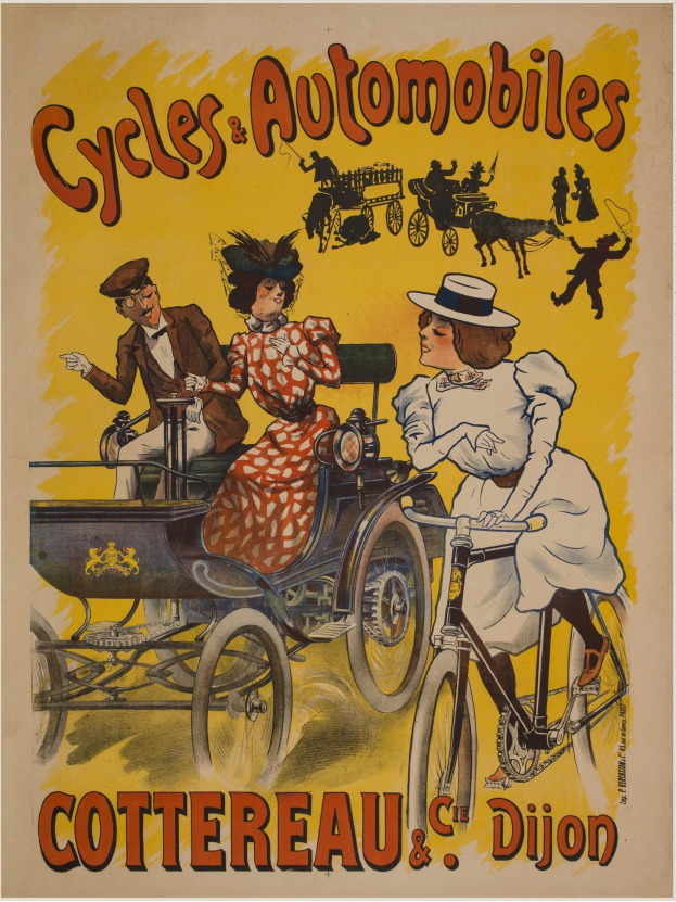 Plakat, das Fahrräder und Automobile in Cottereau und Dijon, Frankreich, bewirbt und Menschen auf Fahrrädern und eine Kutsche zeigt.