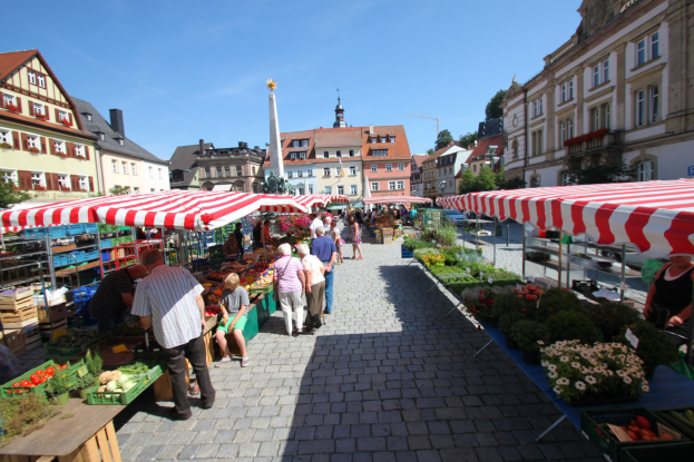 Ein belebter Markt im alten Stadtzentrum von Heidelberg mit Menschen, die gehen, auf Bänken sitzen und in der Nähe von Zelten stehen, mit Gemüsekörben auf Tischen, Gebäuden mit Fenstern, Bäumen und einem klaren blauen Himmel im Hintergrund.